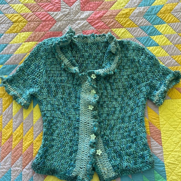 Hand Knit OOAK Sweaters - SALE❣️Green & Blue Crochet & Hand Knit Women's Cardigan. Fits many sizes.